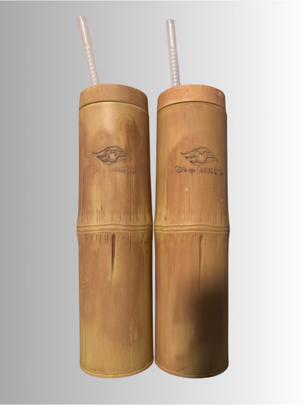 Disney Cruise Line Tiki Bamboo Tumblers Set of 2 | Souvenir Cups Tan Drinkware